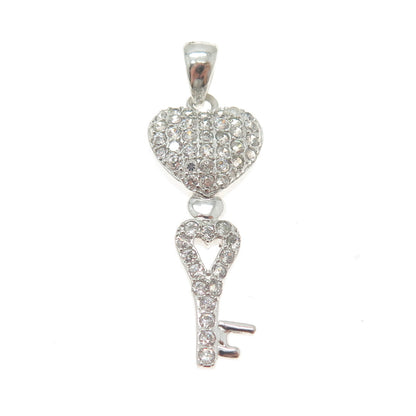 925 Sterling Silver Round-Cut Shaped C Z Heart & Key Pendant