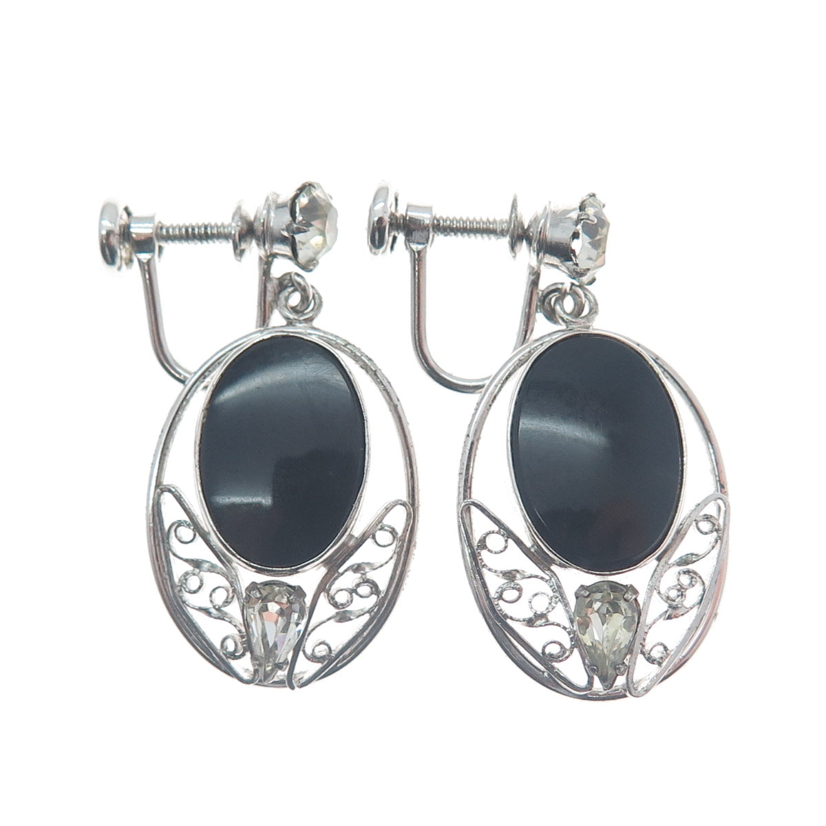 CARL ART 925 Sterling Silver Antique Rhinestone & Black Onyx Screw Back Earrings