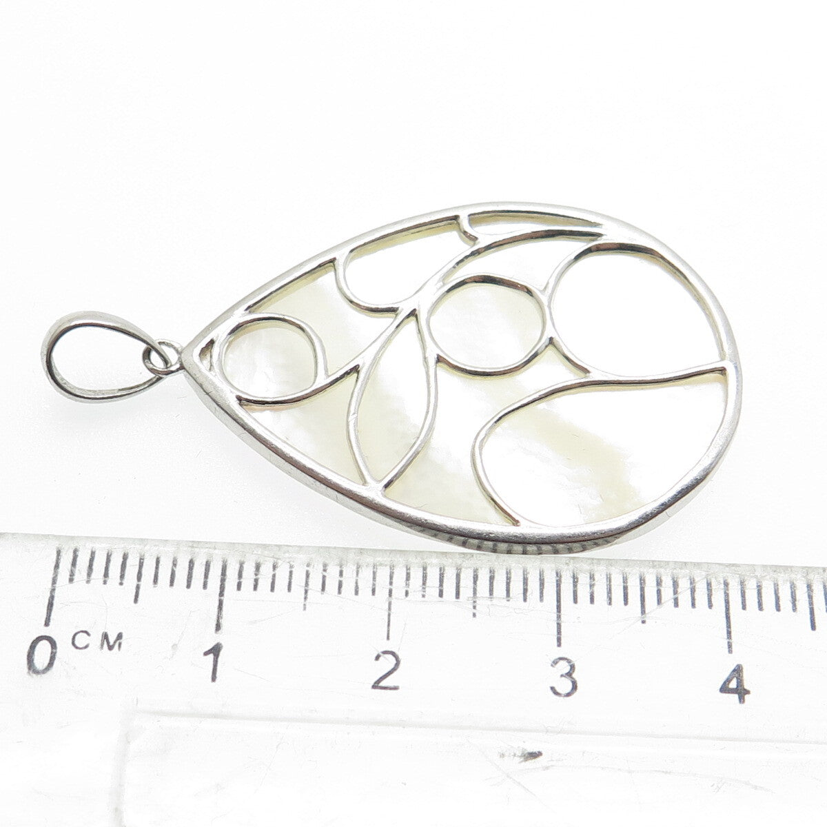 925 Sterling Silver Vintage Real Mother-of-Pearl Ornate Teardrop Pendant