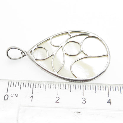 925 Sterling Silver Vintage Real Mother-of-Pearl Ornate Teardrop Pendant