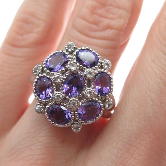 925 Sterling Silver Real Amethyst & White Topaz Gem Cluster Ring Size 7.25