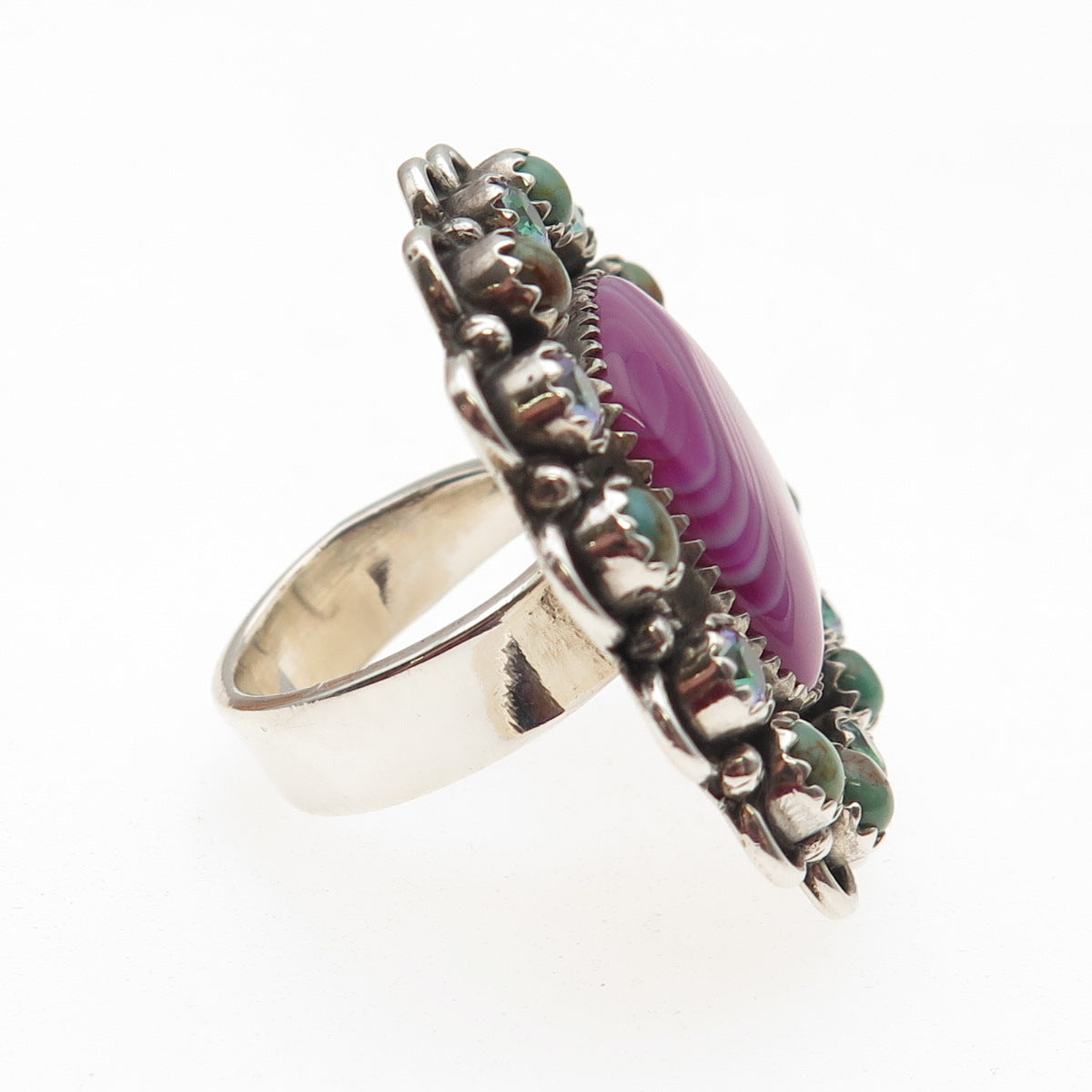 925 Sterling Silver Vintage Real Agate Turquoise & Mystic Quartz Ring Size 7.25