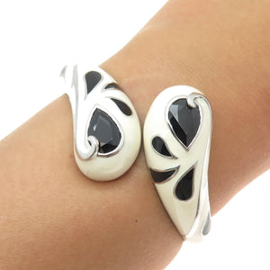 EMA 925 Sterling Silver Enamel Real Black Onyx Bypass Bracelet 6.25”