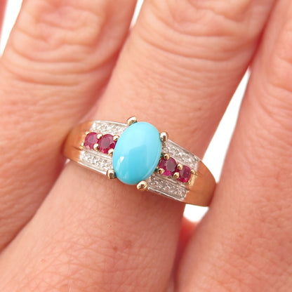 Chuck Clemency Sterling Silver Gold Plated Real Turquoise & Ruby Ring Size 8.25