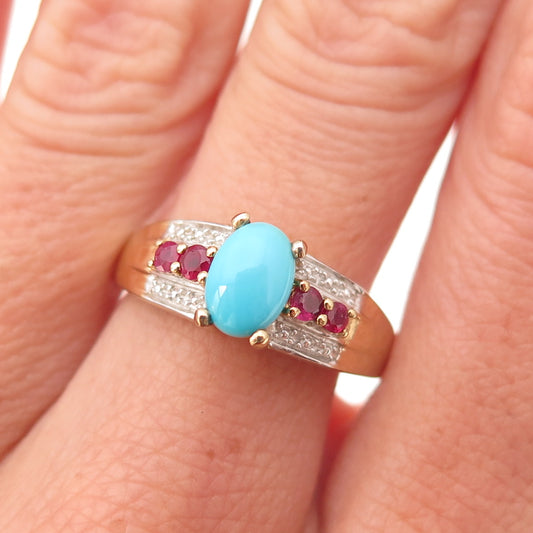 Chuck Clemency Sterling Silver Gold Plated Real Turquoise & Ruby Ring Size 8.25