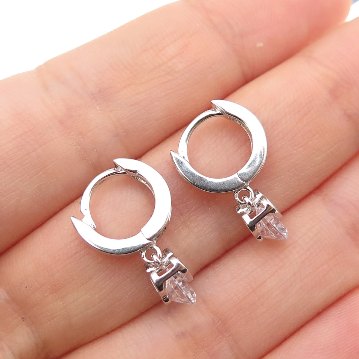 925 Sterling Silver Round-Cut C Z Heart Dangle Hoop Earrings