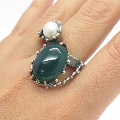 925 Sterling Silver Vintage Real Green Onyx & Pearl Modernist Ring Size 8.5