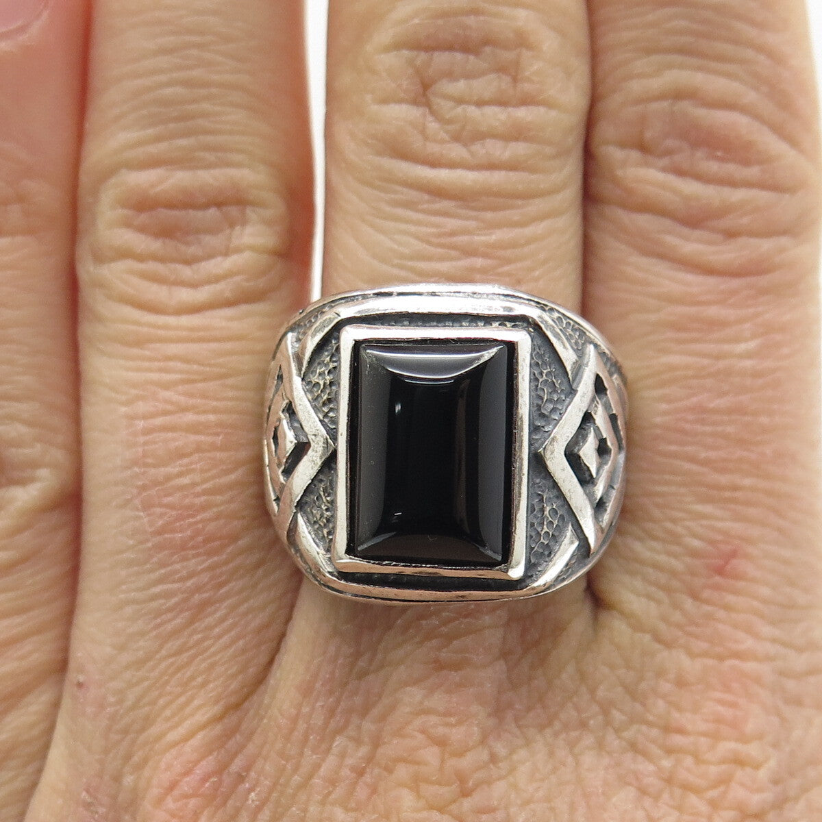 925 Sterling Silver Vintage Real Black Onyx Oxidized Ring Size 12.25