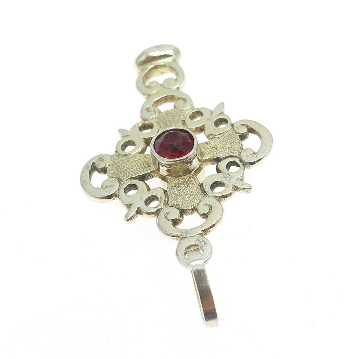 925 Sterling Silver 2-Tone Antique Red Rhinestone Cross Ornate Pendant