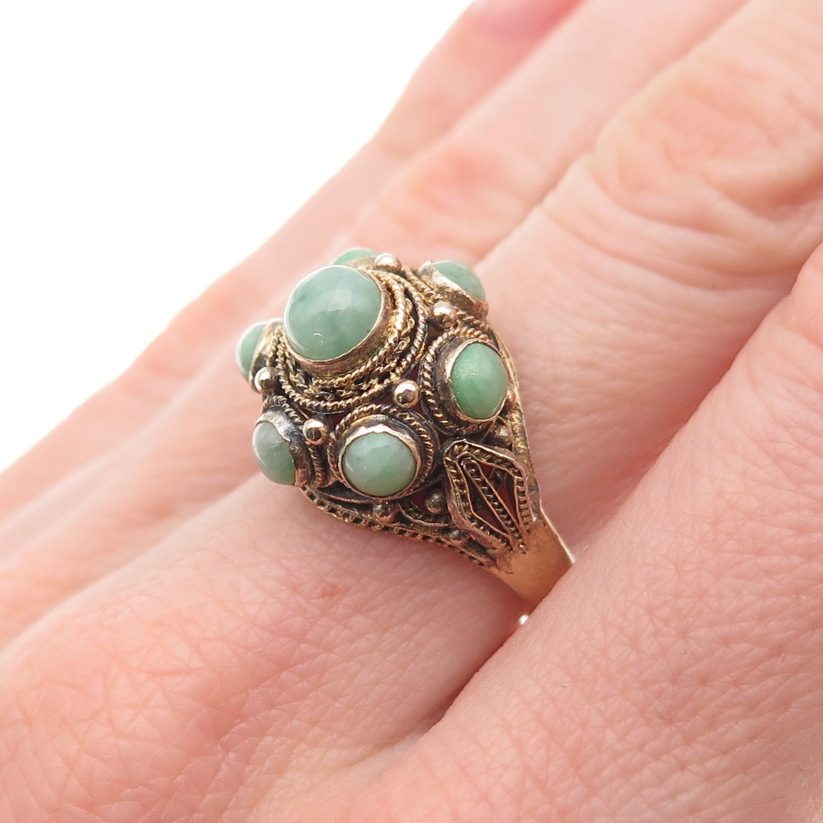 925 Sterling Gold Plated Antique China Real Jade Adjustable Ring Size 6.75