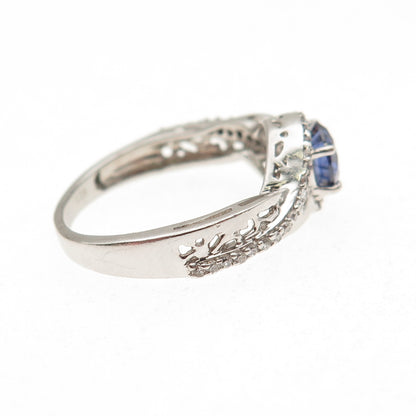 925 Sterling Silver Round-Cut Blue & White C Z Ring Size 7.25