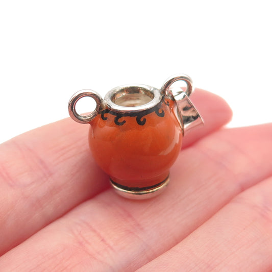 925 Sterling Silver Vintage Italy Enamel Vase 3D Mini Charm Pendant