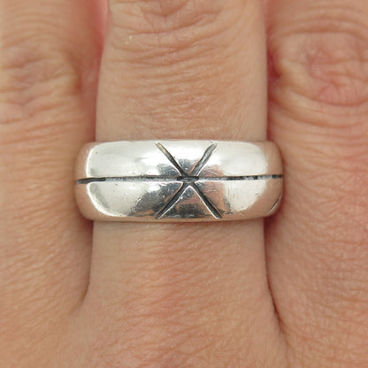 925 Sterling Silver Vintage Mexico Engraved Oxidized Band Ring Size 10.25