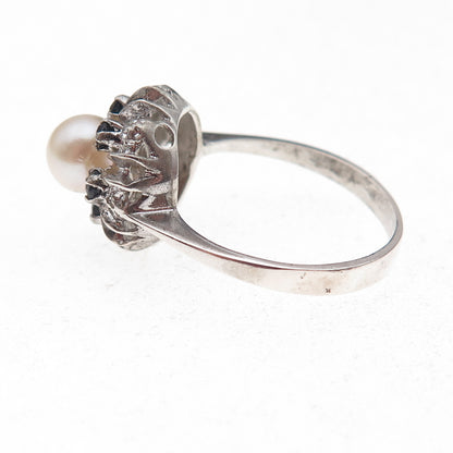 835 Silver Antique Art Deco Real Pearl & Sapphire Bohemian Ring Size 8.25
