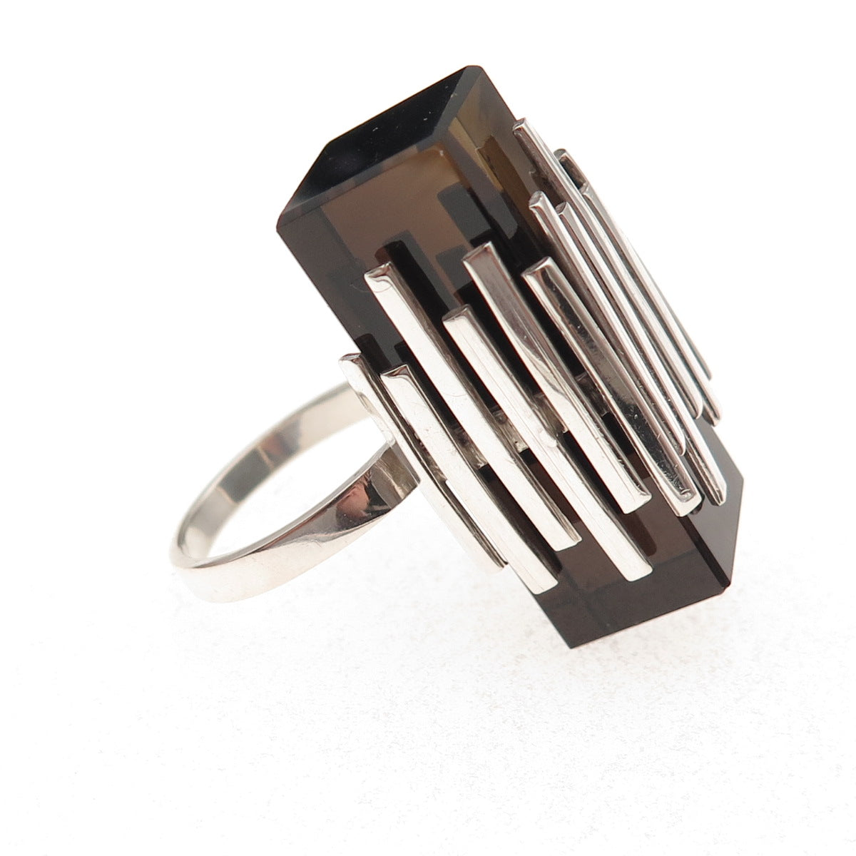 925 Sterling Silver Vintage Real Smoky Quartz Modernist Statement Ring Size 7