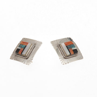 Old Pawn Sterling Silver Vintage Turquoise Spiny Oyster Black Onyx MOP Earrings