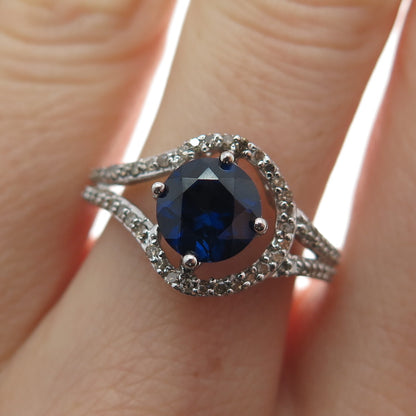925 Sterling Silver Real Round-Cut Diamond Sapphire Hook & Eye Ring Size 7.75