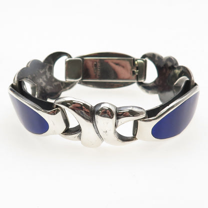 925 Sterling Silver Vintage Italy Enamel Oxidized Anchor Link Bracelet 7.25"