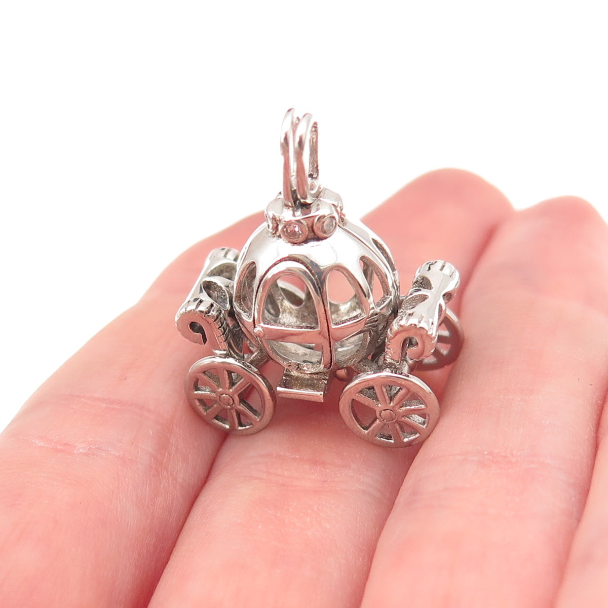 925 Sterling Silver Vintage C Z Cinderella Pumpkin Carriage Open Cage Pendant