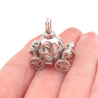 925 Sterling Silver Vintage C Z Cinderella Pumpkin Carriage Open Cage Pendant