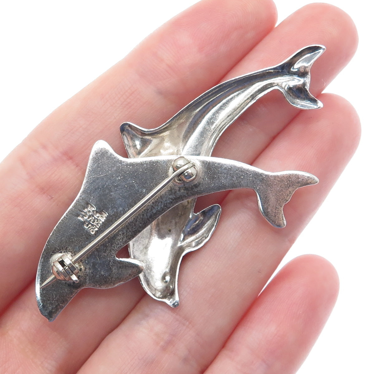 925 Sterling Silver Vintage Mexico Dolphin Couple Oxidized Pin Brooch