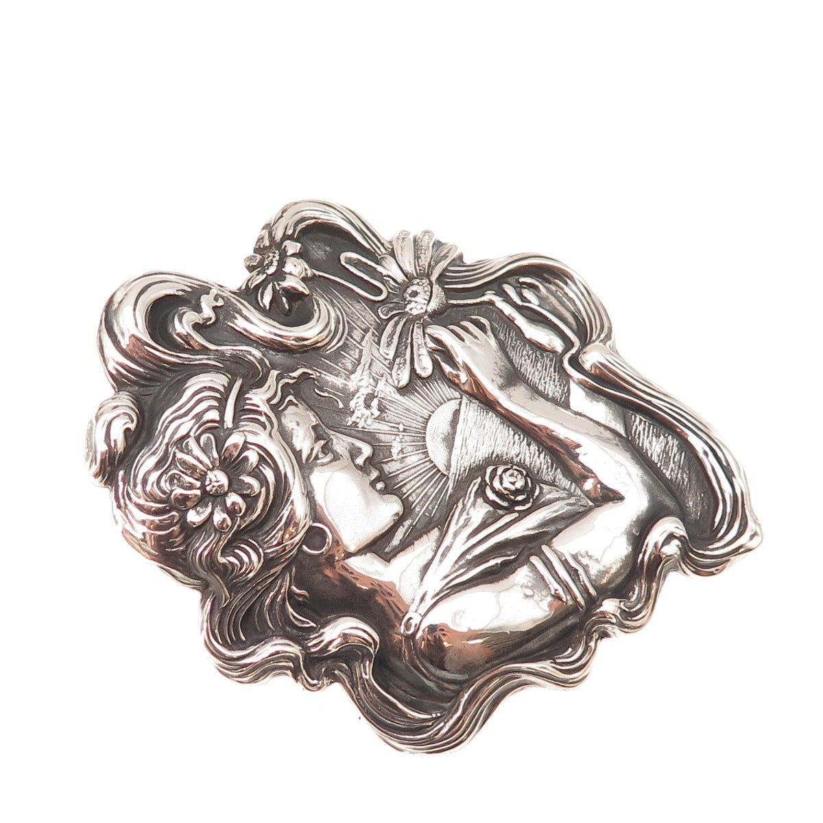Unger Bros 925 Sterling Silver Antique Art Deco Lady Reposse Pin Brooch Pendant