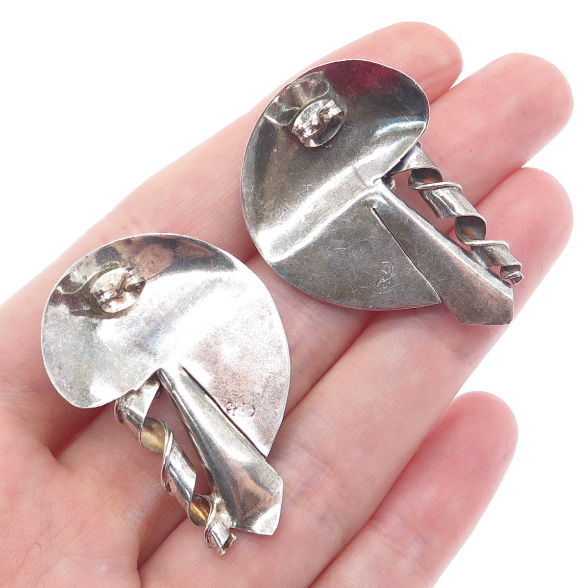 925 Sterling Silver Vintage Real Black Onyx Gemstone Modernist Oxidized Earrings