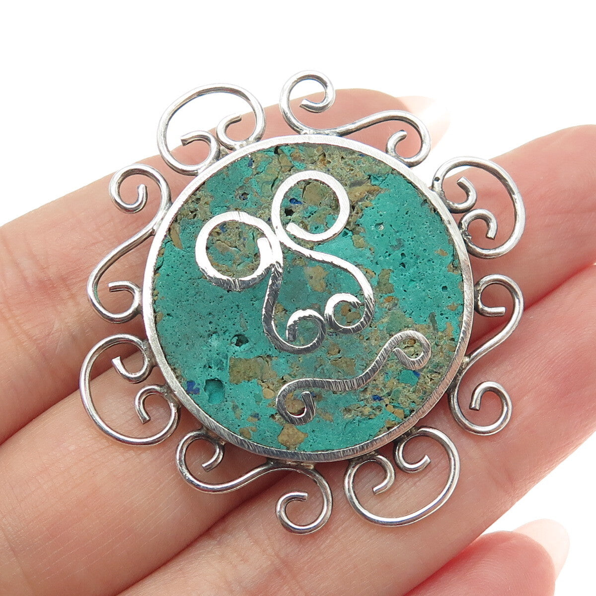 925 Sterling Silver Vintage Mexico Real Azurite Sun Face Ornate Pin Brooch