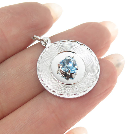 925 Sterling Silver Heart-Cut Blue Rhinestone "March" Pendant