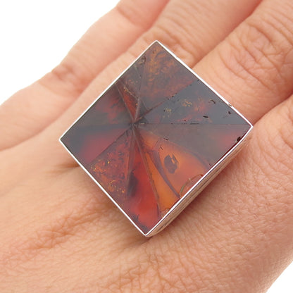 925 Sterling Silver Vintage Real Amber Modernist Square Ring Size 7.25
