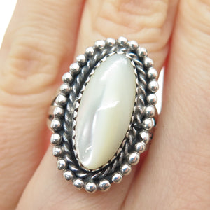 Old Pawn Sterling Silver Vintage Mother-of-Pearl Beaded Oxidized Ring Size 6.25
