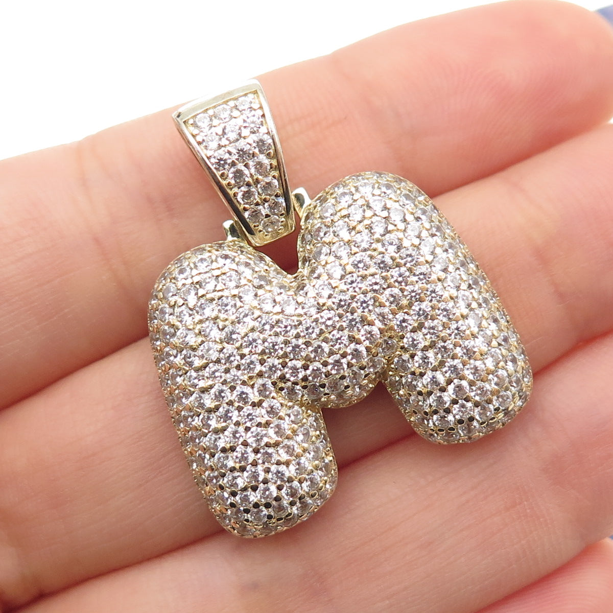 925 Sterling Silver Gold Plated Round-Cut C Z Letter M Initial Pendant