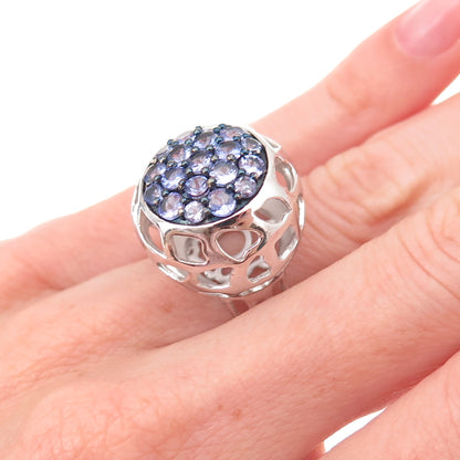 925 Sterling Silver Real Round-Cut Tanzanite Ornate Ball Ring Size 5.25