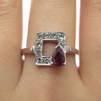 925 Sterling Silver Vintage Real White Topaz & Ruby Gemstone Ring Size 6.25