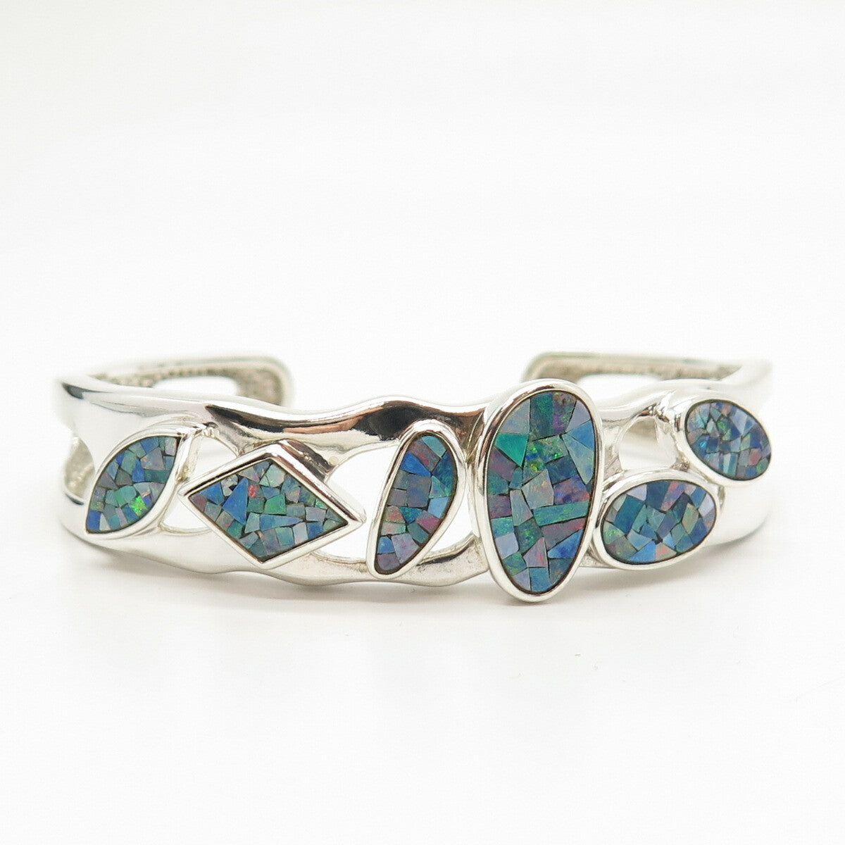 925 Sterling Silver Vintage Opal Gem Inlay Geometric Shapes Cuff Bracelet 6.5"
