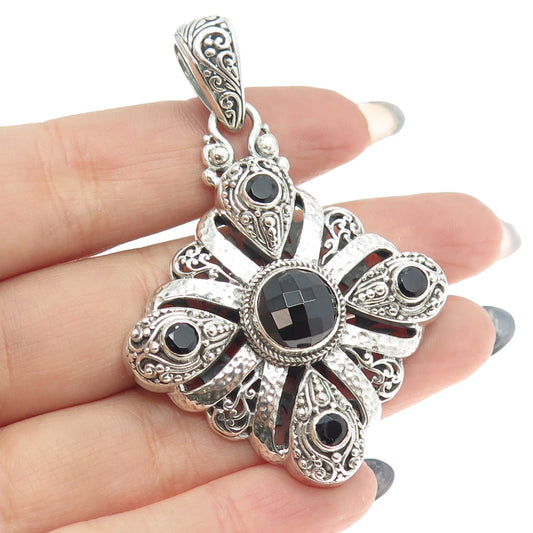 SARDA 925 Sterling Silver Vintage Real Black Onyx Gemstone Ornate Pendant