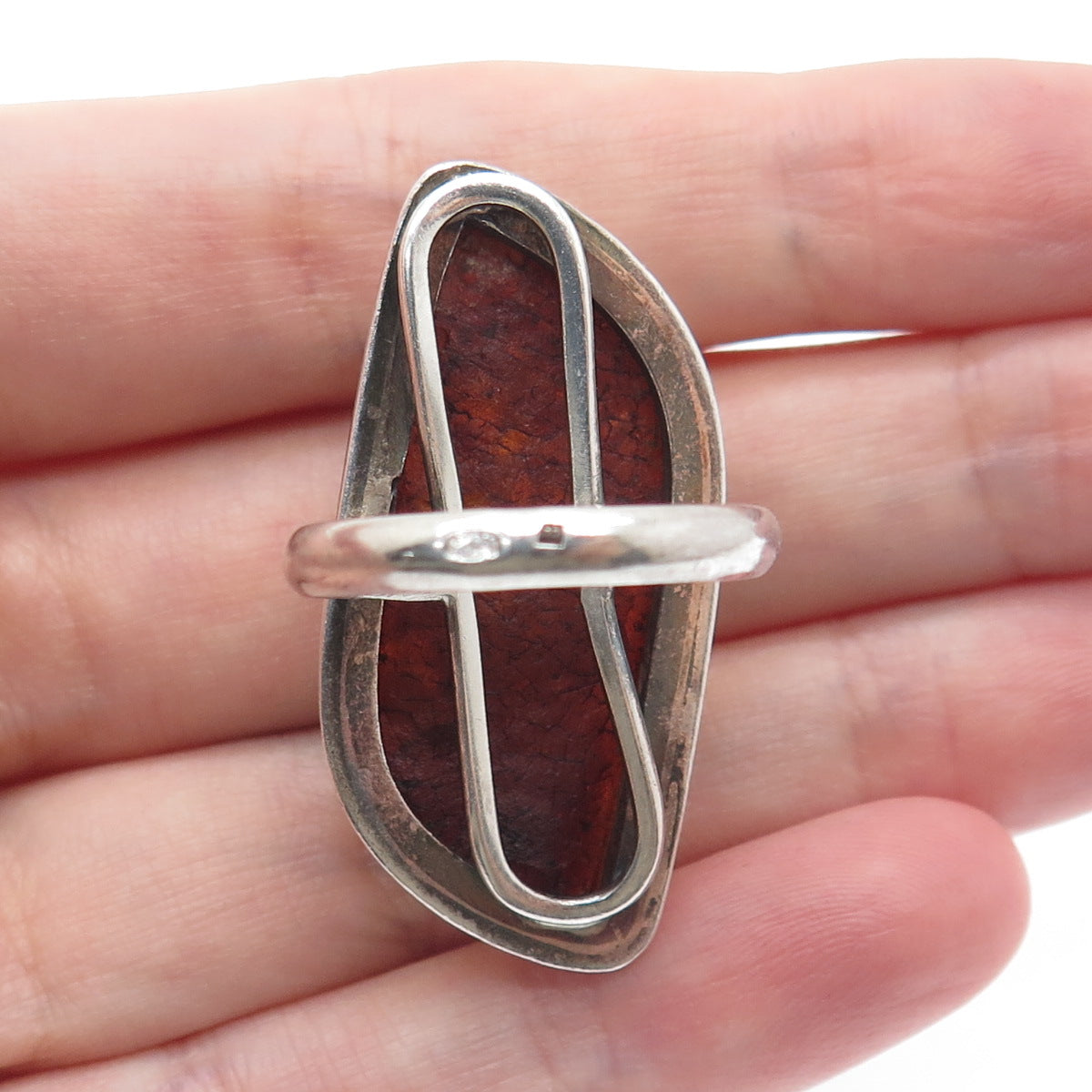 925 Sterling Silver Vintage Poland Real Amber Modernist Ring Size 8.5