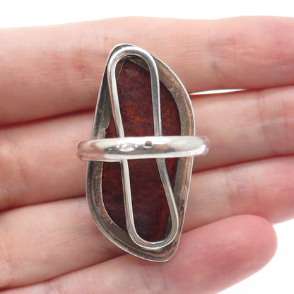 925 Sterling Silver Vintage Poland Real Amber Modernist Ring Size 8.5
