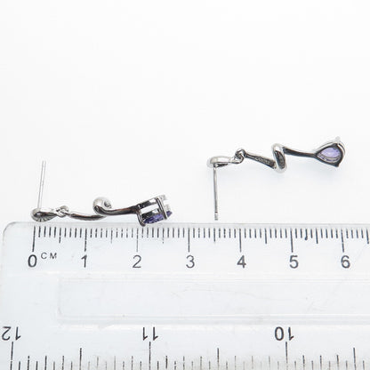 925 Sterling Silver Real Pear-Cut Amethyst Zig Zag Dangle Earrings