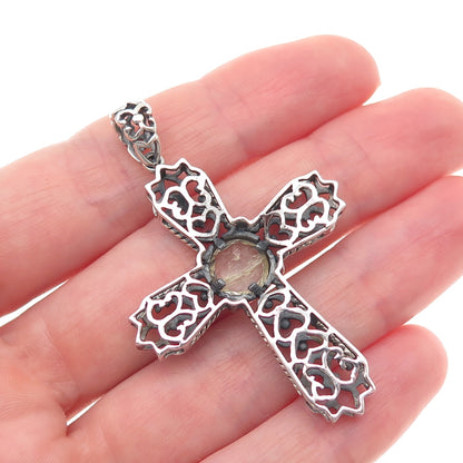 925 Sterling Vintage Real Rutilated Quartz Cross Fleur de Lis Charm Pendant