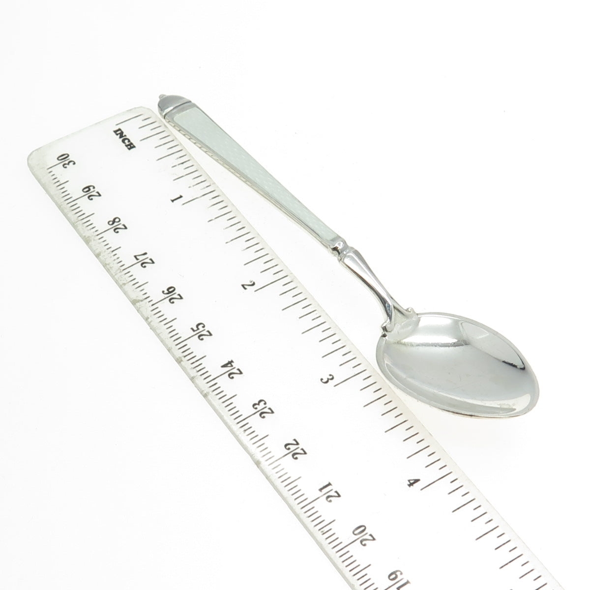 WATSON 925 Sterling Silver Vintage White Guilloche Enamel Coffee Spoon