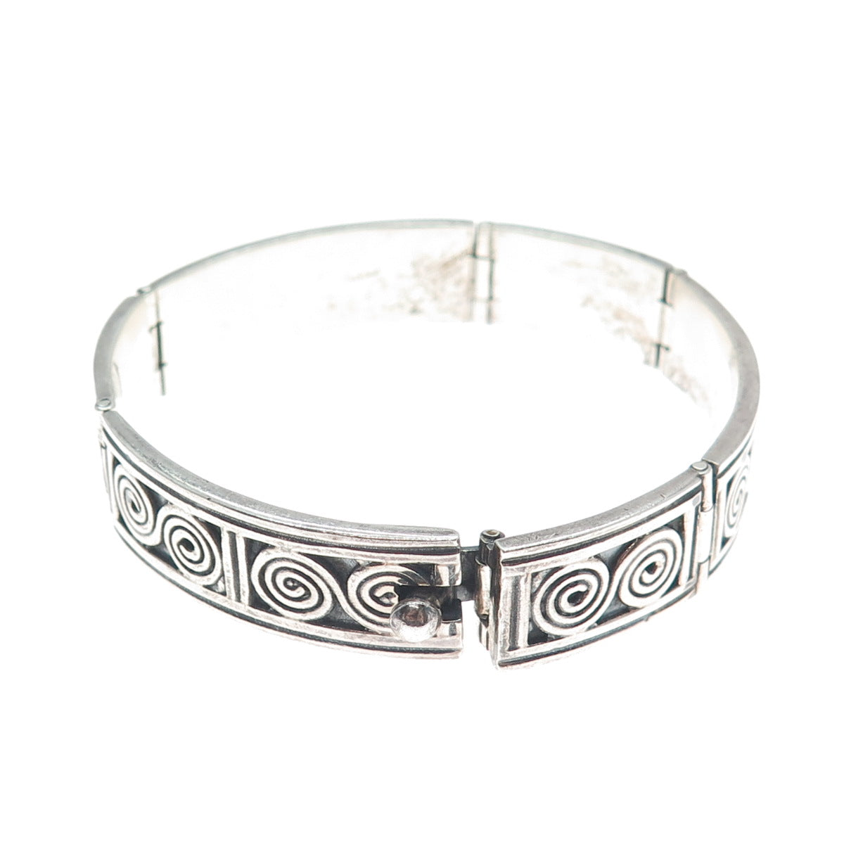 925 Sterling Silver Vintage Mexico Spiral Panel Link Oxidized Bracelet 7"
