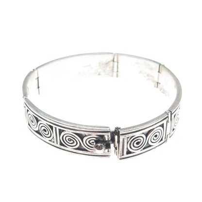 925 Sterling Silver Vintage Mexico Spiral Panel Link Oxidized Bracelet 7"
