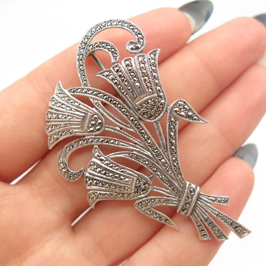 925 Sterling Silver Vintage Real Marcasite Gem Bouquet of Flowers Pin Brooch