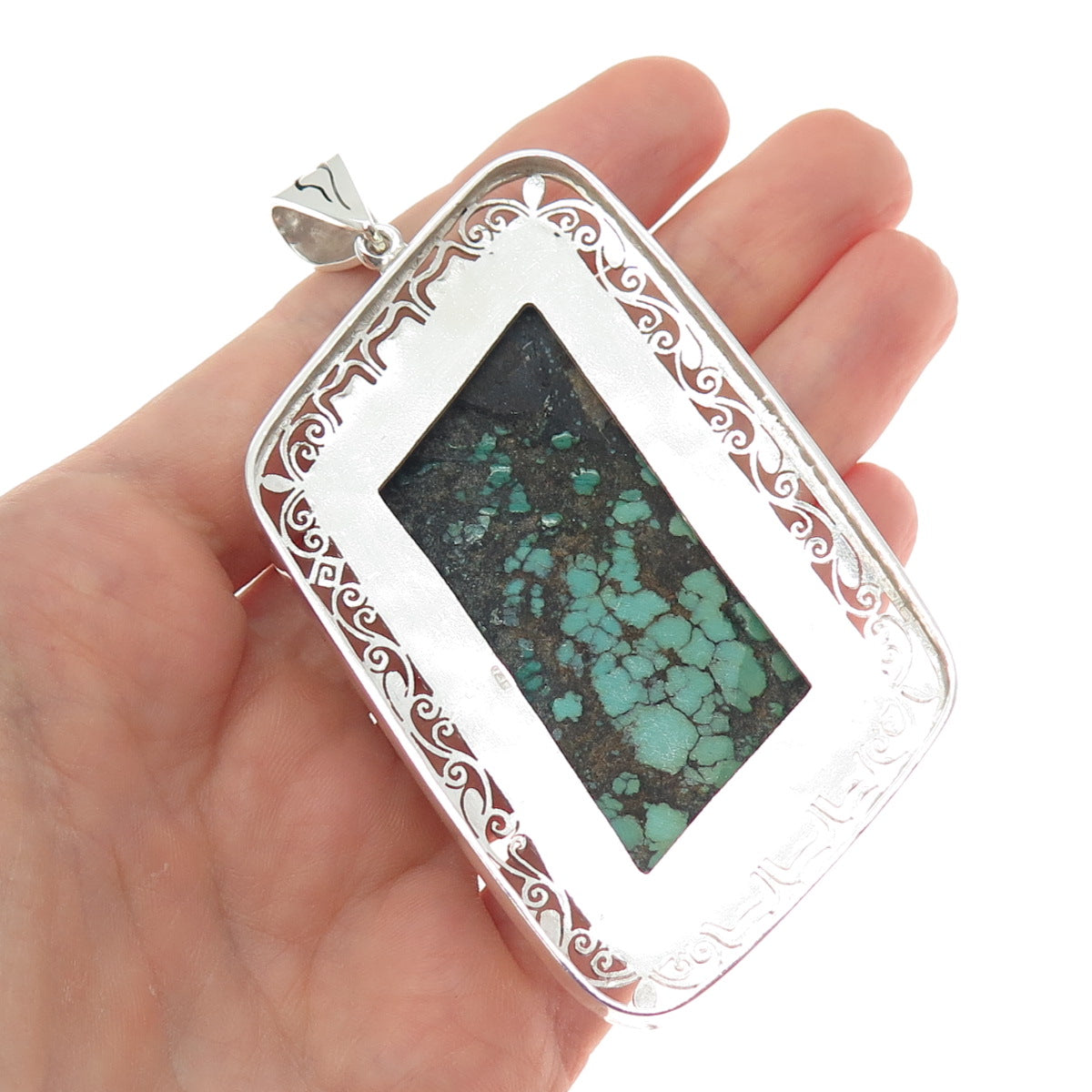 925 Sterling Silver Vintage Real Peacock Turquoise Heavy 59.0g Large Pendant