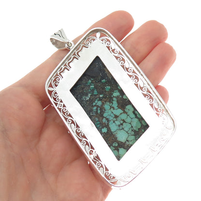 925 Sterling Silver Vintage Real Peacock Turquoise Heavy 59.0g Large Pendant