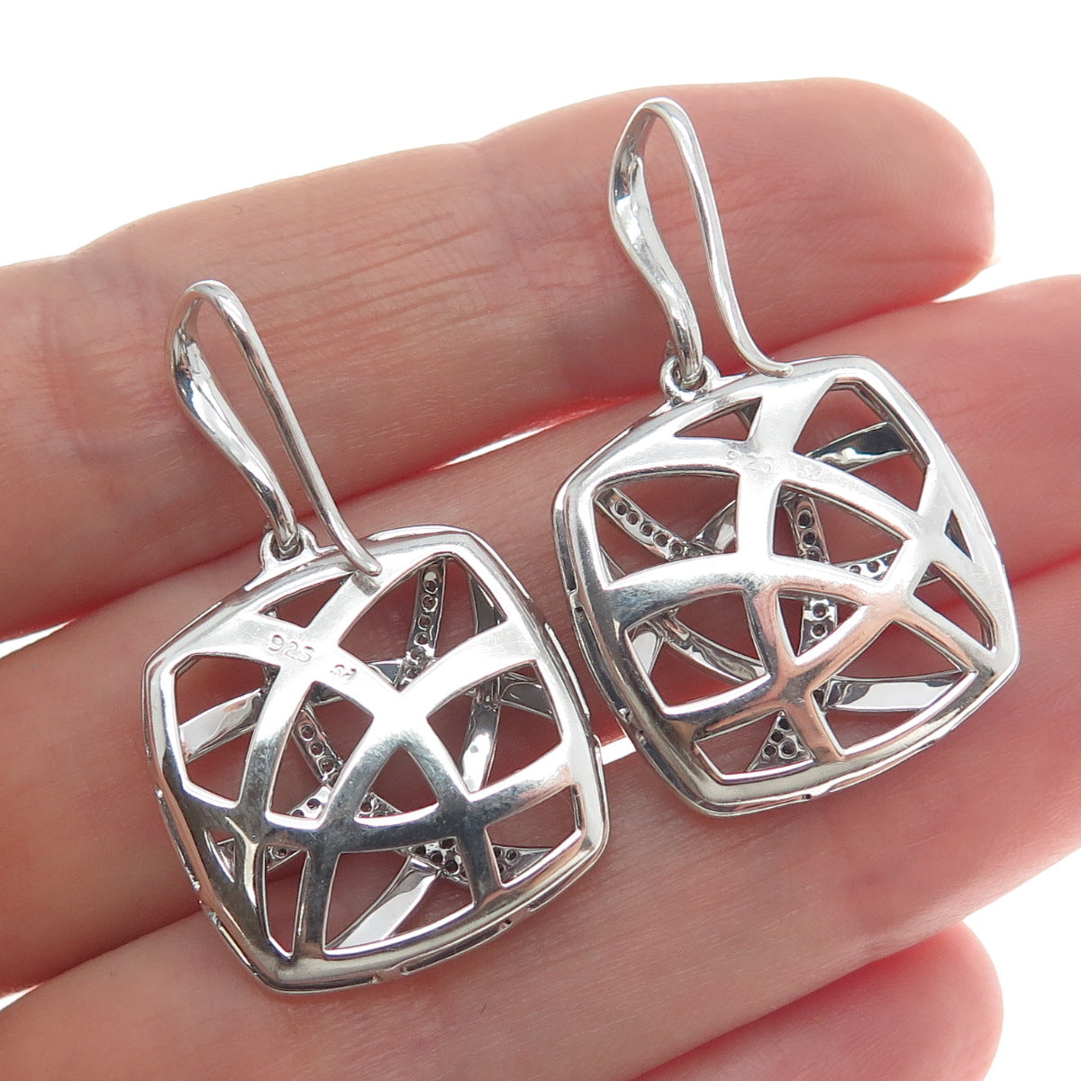 925 Sterling Silver Real Round-Cut Diamond Modernist Ornate Dangle Earrings