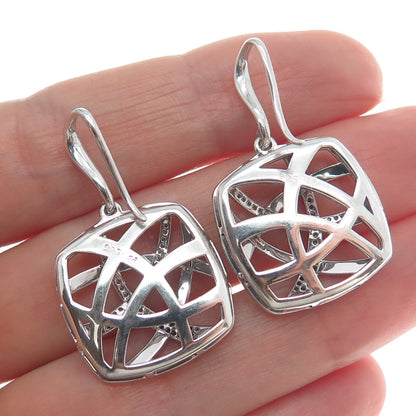 925 Sterling Silver Real Round-Cut Diamond Modernist Ornate Dangle Earrings