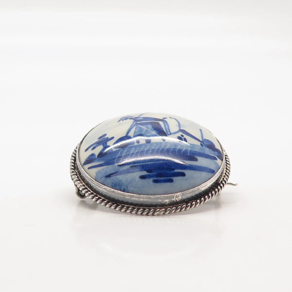 835 Silver Antique Delft Ceramic Old Windmill Round Pin Brooch