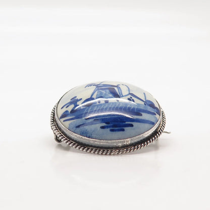 835 Silver Antique Delft Ceramic Old Windmill Round Pin Brooch